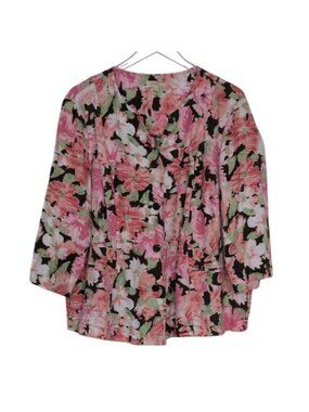 Choices 100% Linen Floral Jacket Womens Size 2X Brown 3/4 Sleeves Button Front